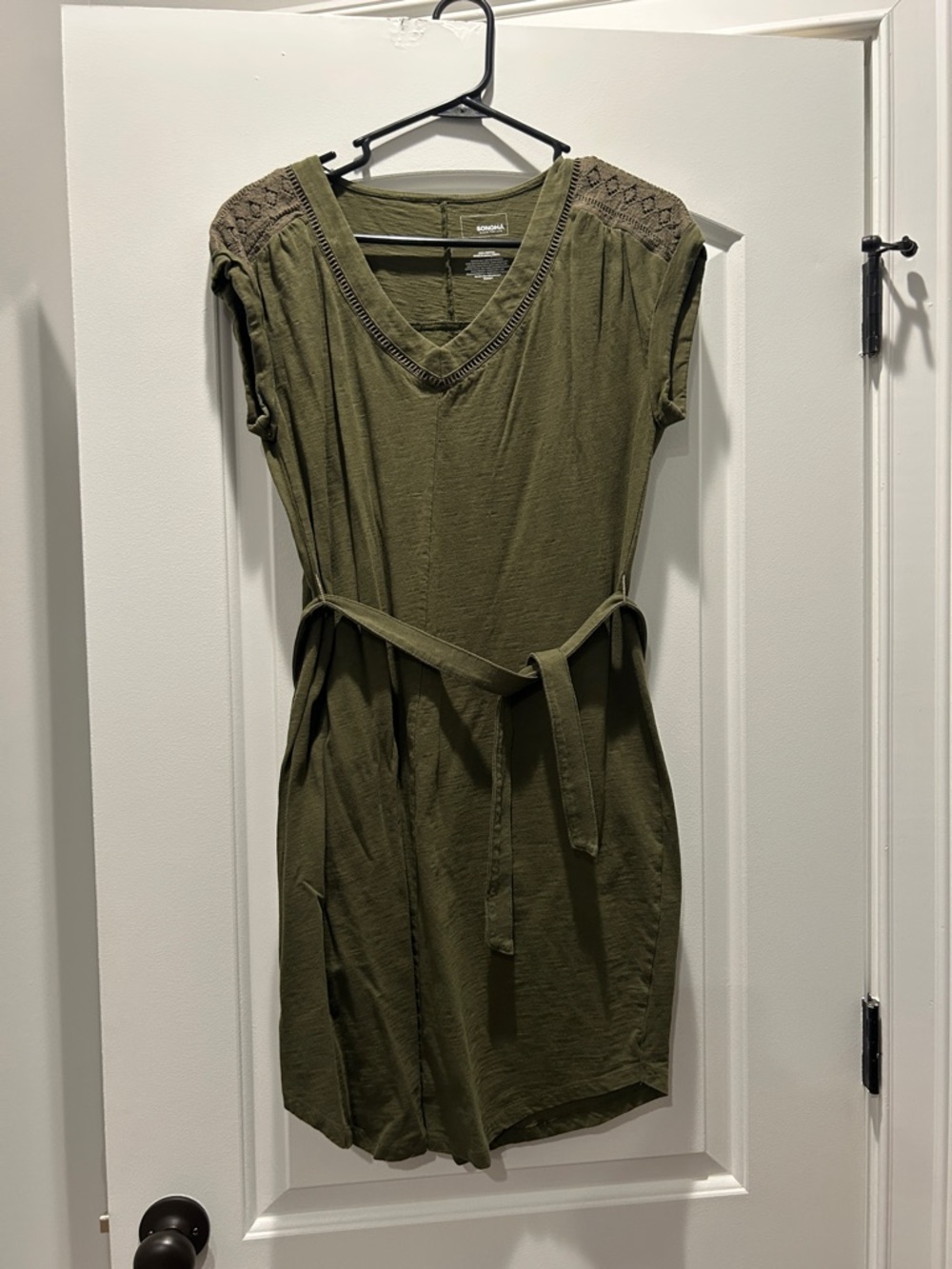 Sonoma Olive Green V-Neck Belted Mini Dress with Crochet Shoulders